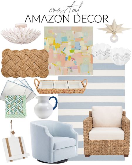 Sharing some Amazon coastal decor including a blue striped rug, woven armchair, colorful abstract art, matte white light fixture, blue linen swivel chair, coastal entertaining pieces, white wood cookbook holder and more! See all my picks here: https://lifeonvirginiastreet.com/amazon-coastal-decor/. 

#amazonhome #amazonfinds #amazondecor coastal decorating ideas, living room decor

#ltkhome #ltkseasonal #ltkunder50 #ltkunder100 #ltkstyletip #ltksalealert 

#LTKGiftGuide #LTKsalealert #LTKhome