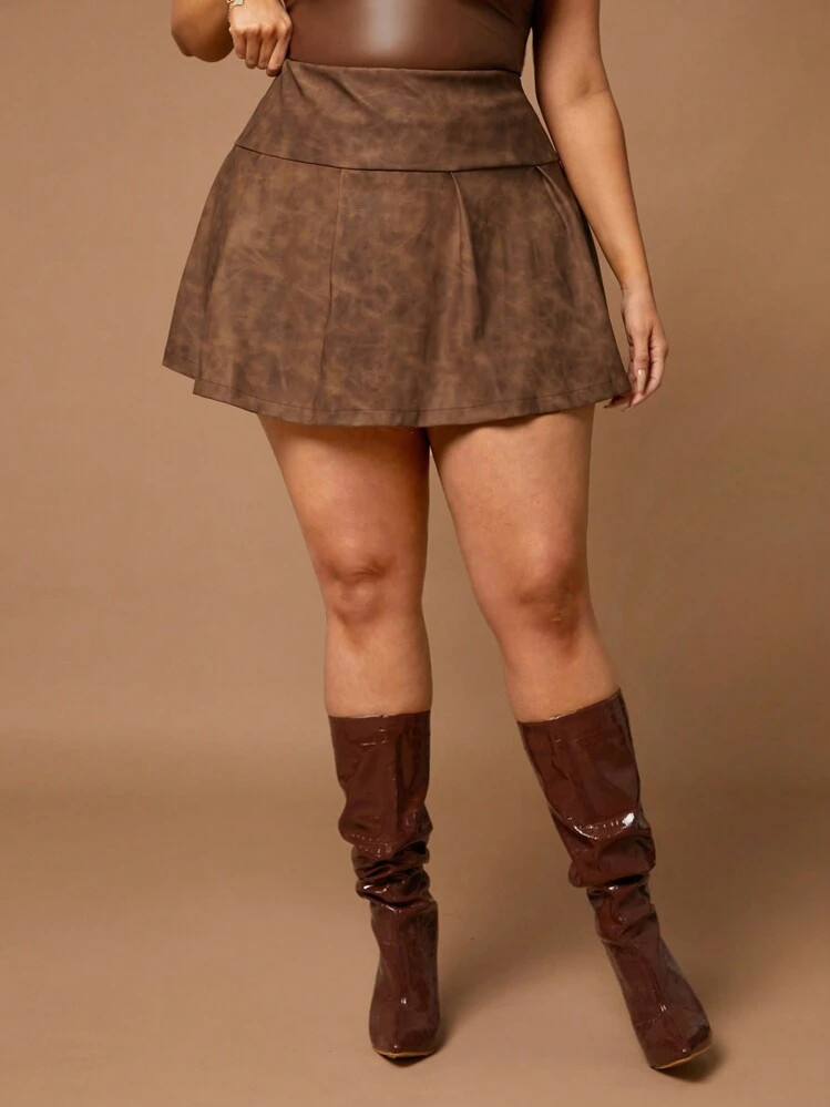 SHEIN BAE Plus Size Fall 1pc Elegant Party Sexy Sweet Woman Brown Retro Washed Old Washed Pu Leat... | SHEIN