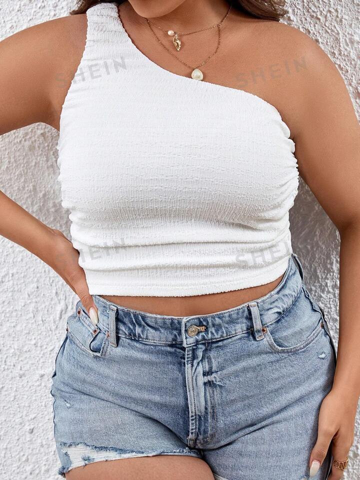 SHEIN VCAY Plus One Shoulder Ruched Side Crop Top | SHEIN