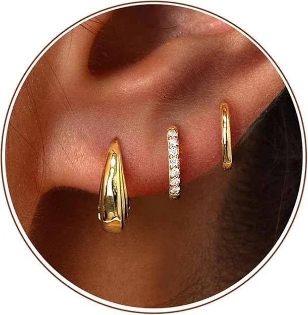 Poxtex Small Sterling Silver Huggie Hoop Earrings Set for Women, Hypoallergenic 14K Gold Plated H... | Amazon (US)