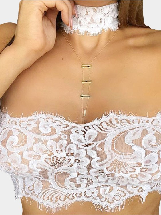 Off-The-Shoulder Lace Crop Top with Choker in White | YOINS