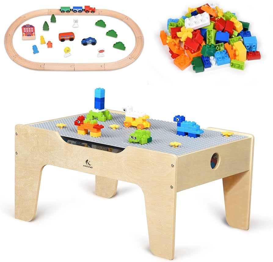 Kid's Multi-Purpose Activity Play Table with 60 Big Building Bricks and 30-Piece Wooden Train Set... | Amazon (US)