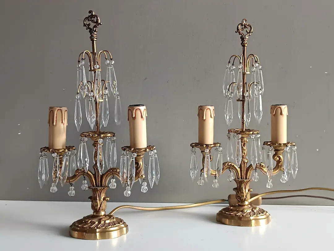 French Antique Set of 2 Gilt Brass Bronze Girandole Lamps Table End With 3 Lights and Crystal Tas... | Etsy (US)