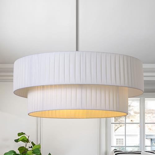 LamQee Fabric Chandelier, Curve Double Layer Ceiling Light Fixture with Adjustable Fabric Shade Modern Pendant Light (Drum-Nickel) | Amazon (US)