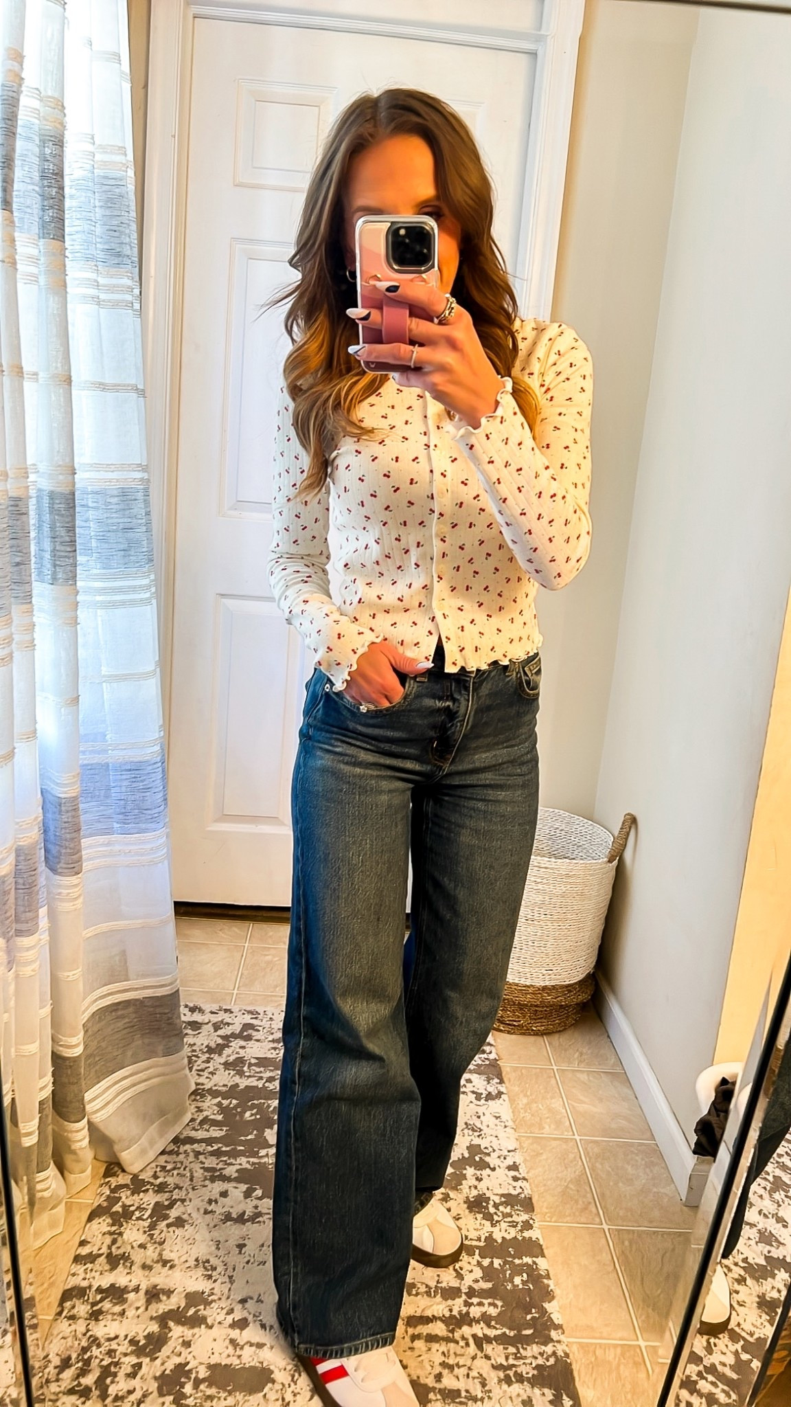 Casual brunch outfit 🍒 these are my fav dark wash wide leg jeans lately! 
Medium top (sized up one)
Size 2 jeans (size up one)

#LTKSpringSale #LTKOver40 #LTKFindsUnder50
