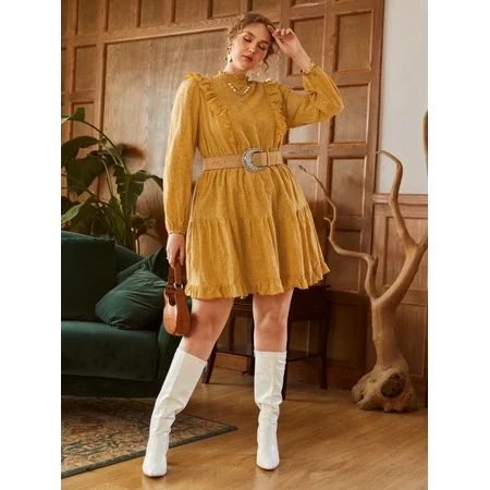 Mustard Yellow Women s Plus Ruffle Trim Schiffy Dress Without Belt 2022 Boho 2XL(16) S044E | Walmart (US)