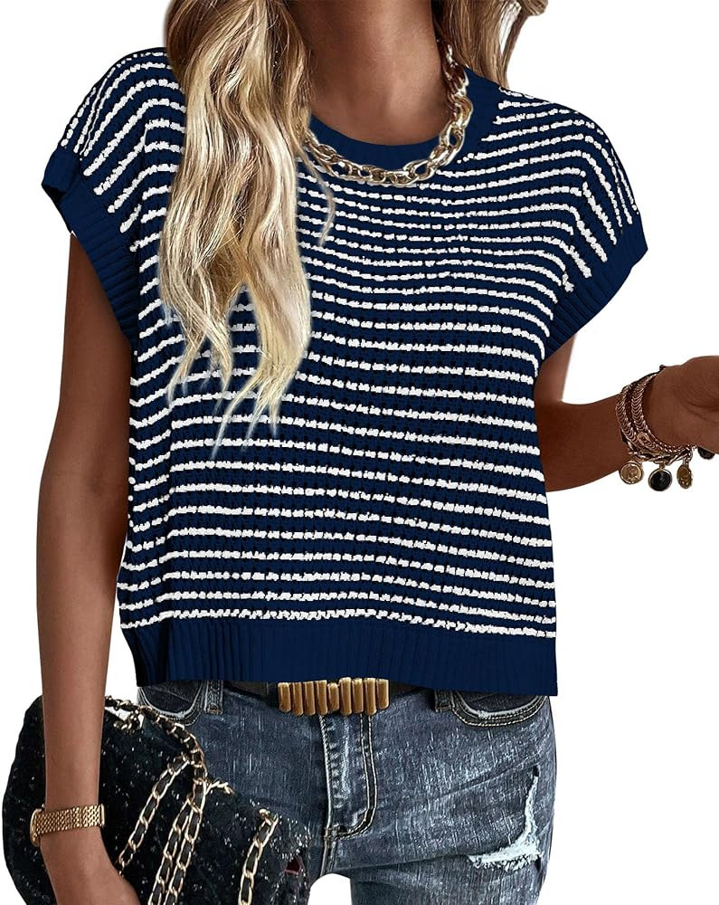 PRETTYGARDEN Womens Short Sleeve Sweater Spring Summer 2026 Round Neck Striped Pullover Cap Sleev... | Amazon (US)