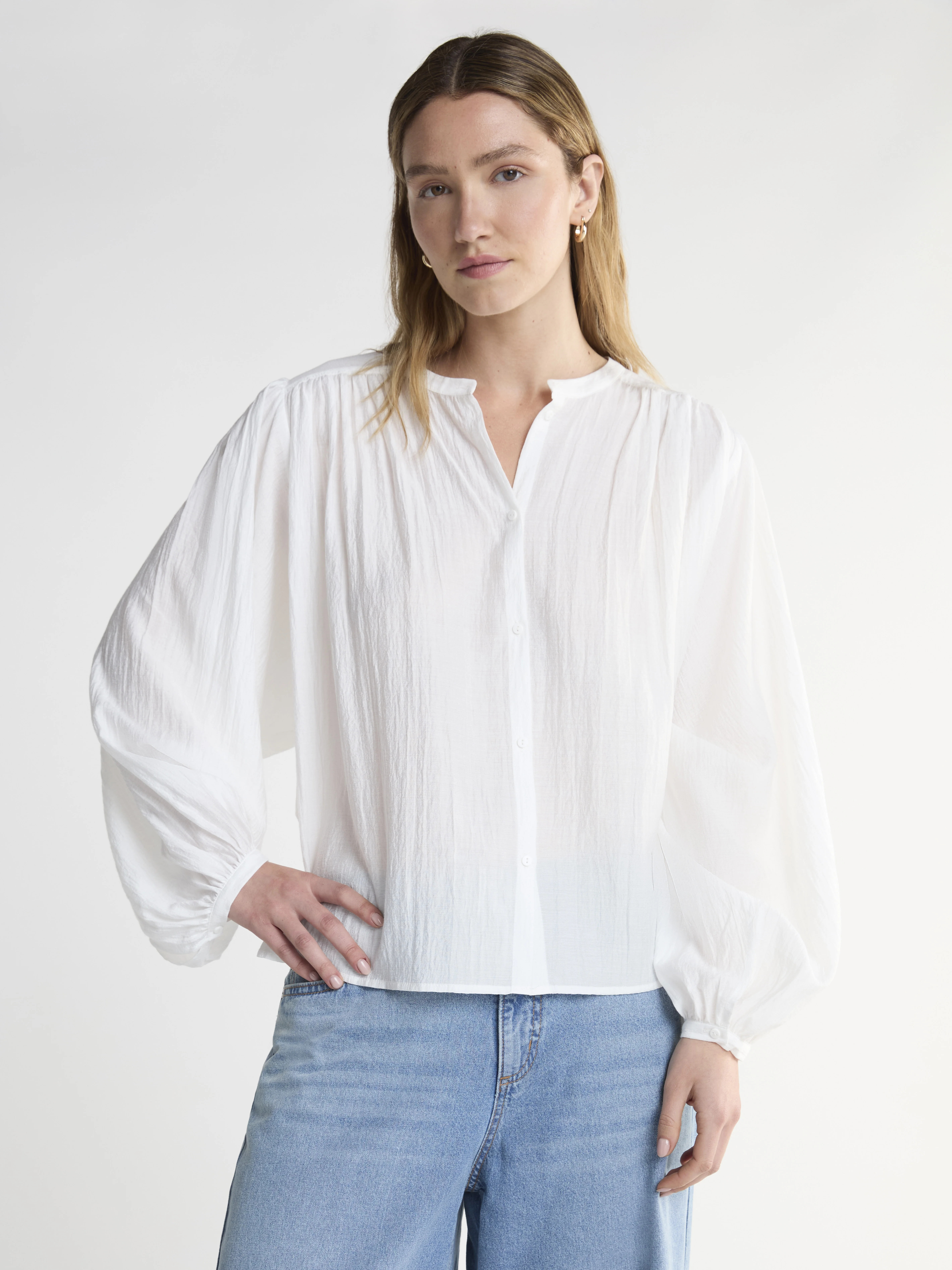 Scoop Women’s Crinkle Gauze Shirt with Blouson Sleeves, Sizes XS-XXL | Walmart (US)