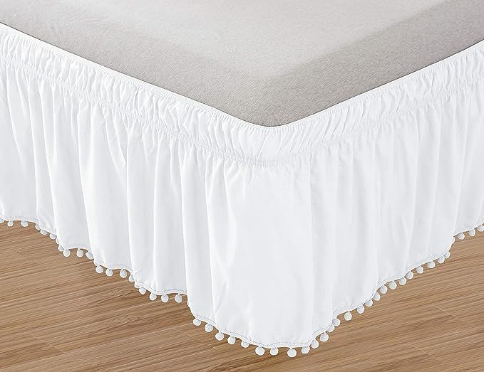 Elegant Comfort Top-Knot Tassle Pompom Fringe Ruffle Skirt Around Style Elastic Bed Wrap- Wrinkle... | Amazon (US)