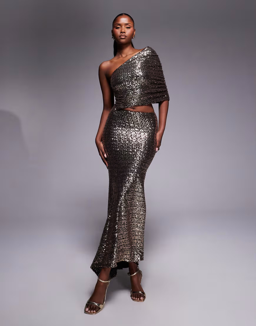 ASOS DESIGN sequin one shoulder maxi dress with ruched bodice in gold | ASOS (Global)