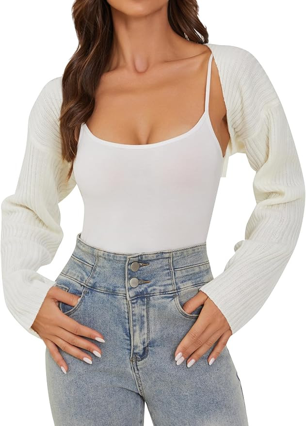 QWINEER Women's Cropped Cardigans Sweater Long Sleeve Open Front Shrug Sweaters Top | Amazon (US)