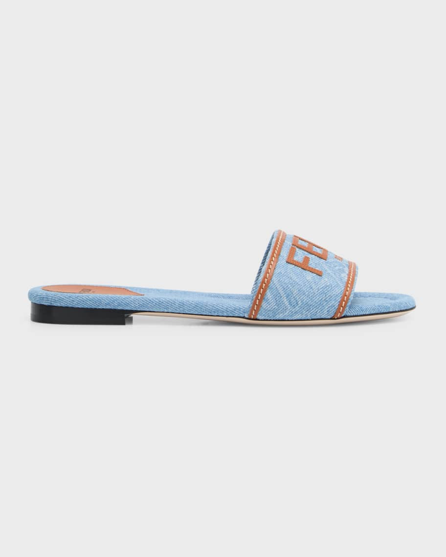 Fendi Denim Logo Flat Resort Sandals | Neiman Marcus