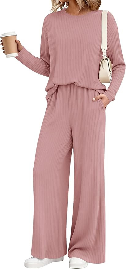 KIRUNDO Spring 2 Piece Lounge Sets for Women Long Sleeve Ribbed Knit Tops Wide Leg Pants Matching... | Amazon (US)