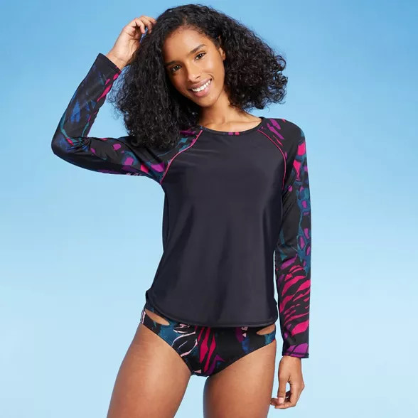 Women's Crewneck Long Sleeve Rash Guard - All in Motion™ Black Floral | Target