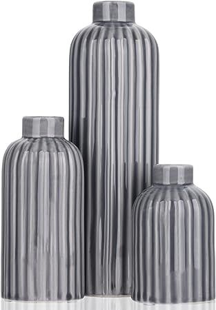 Gray Ribbed Ceramic Vase Set, 3 Gray Small Vase, 3 Piece Set of Glazed Decorative Gray Vases, Liv... | Amazon (US)