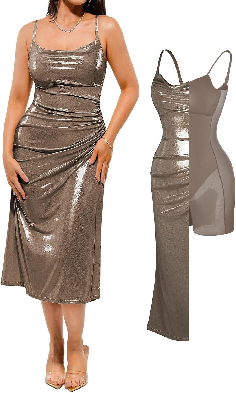 Popilush Formal Dresses for Women Built-in Bra Shapewear Ruched Midi Dress, Cowl Neck Evening Gowns Sparkly Dress | Amazon (US)