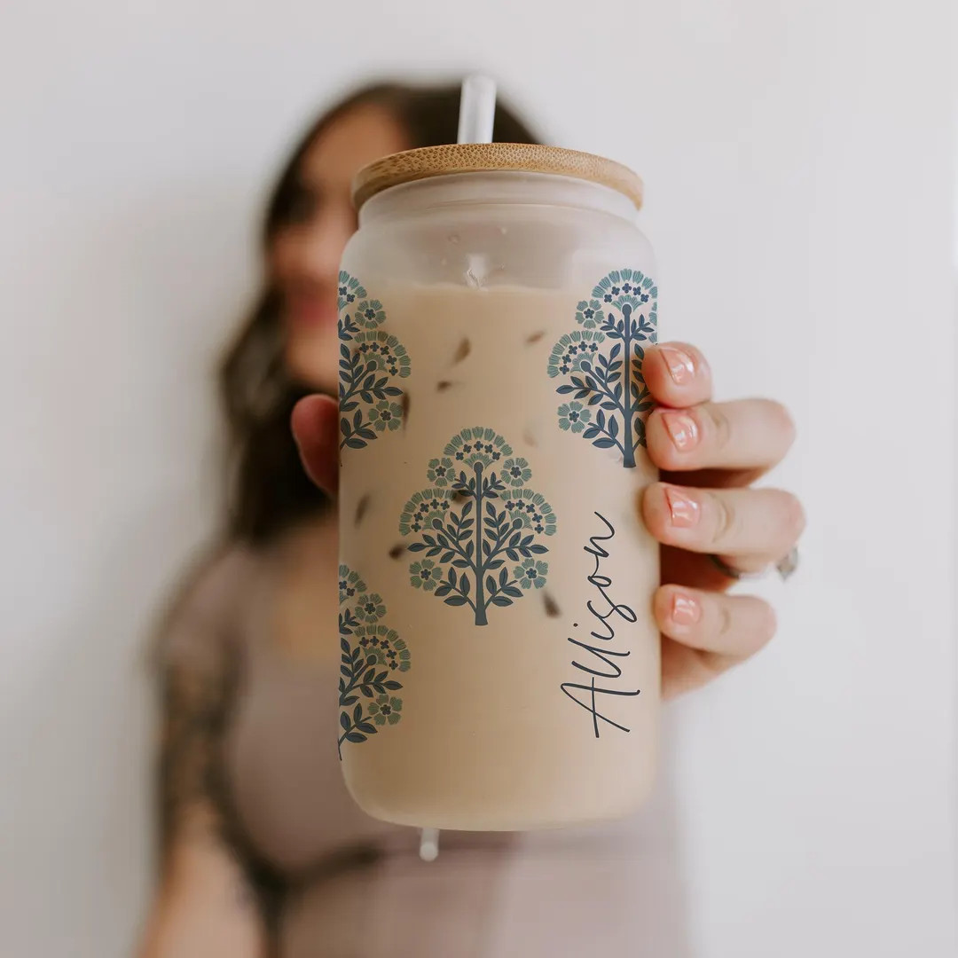 Personalized Block Print Glass Cup Bamboo Lid and Straw – Custom Name Iced Coffee Glass, Brides... | Etsy (US)