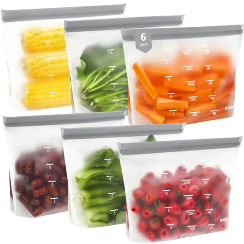 Dishwasher Safe Reusable Storage Bags Stand Up - BPA Free PEVE Reusable Sandwich Bags - Leakproof Gallon Freezer Bags, Silicone Food Storage Bags (Grey 6 Gallon) | Amazon (US)