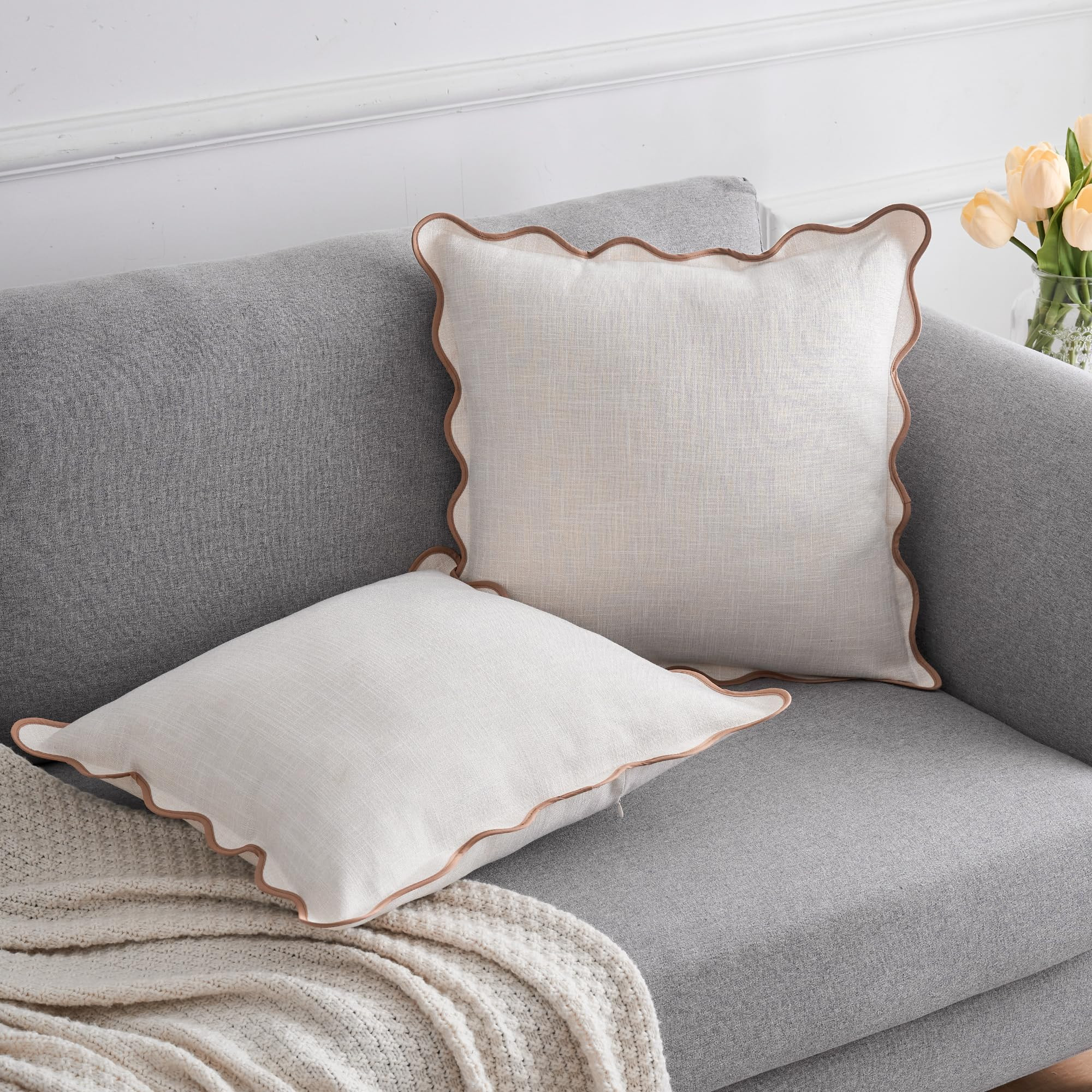 Scalloped Throw Pillow Covers 18x18 Inch Set of 2, Soft Cotton & Cozy Linen, Boho Sytle Decorativ... | Amazon (US)