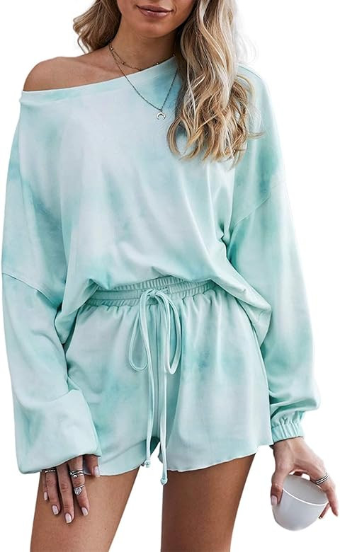 Womens Tie Dye Printed Ruffle Short Lounge Set Long Sleeve Tops and Shorts 2 Piece Pajamas Set Sl... | Amazon (US)