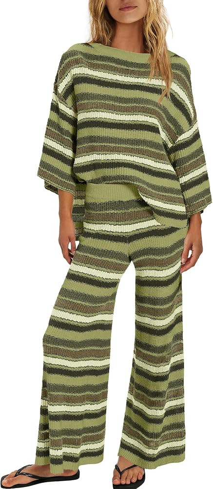 ReachMe Womens Oversized Striped 2 Piece Sets Sweater and Wide Leg Pants with Pockets Pajama Loun... | Amazon (US)