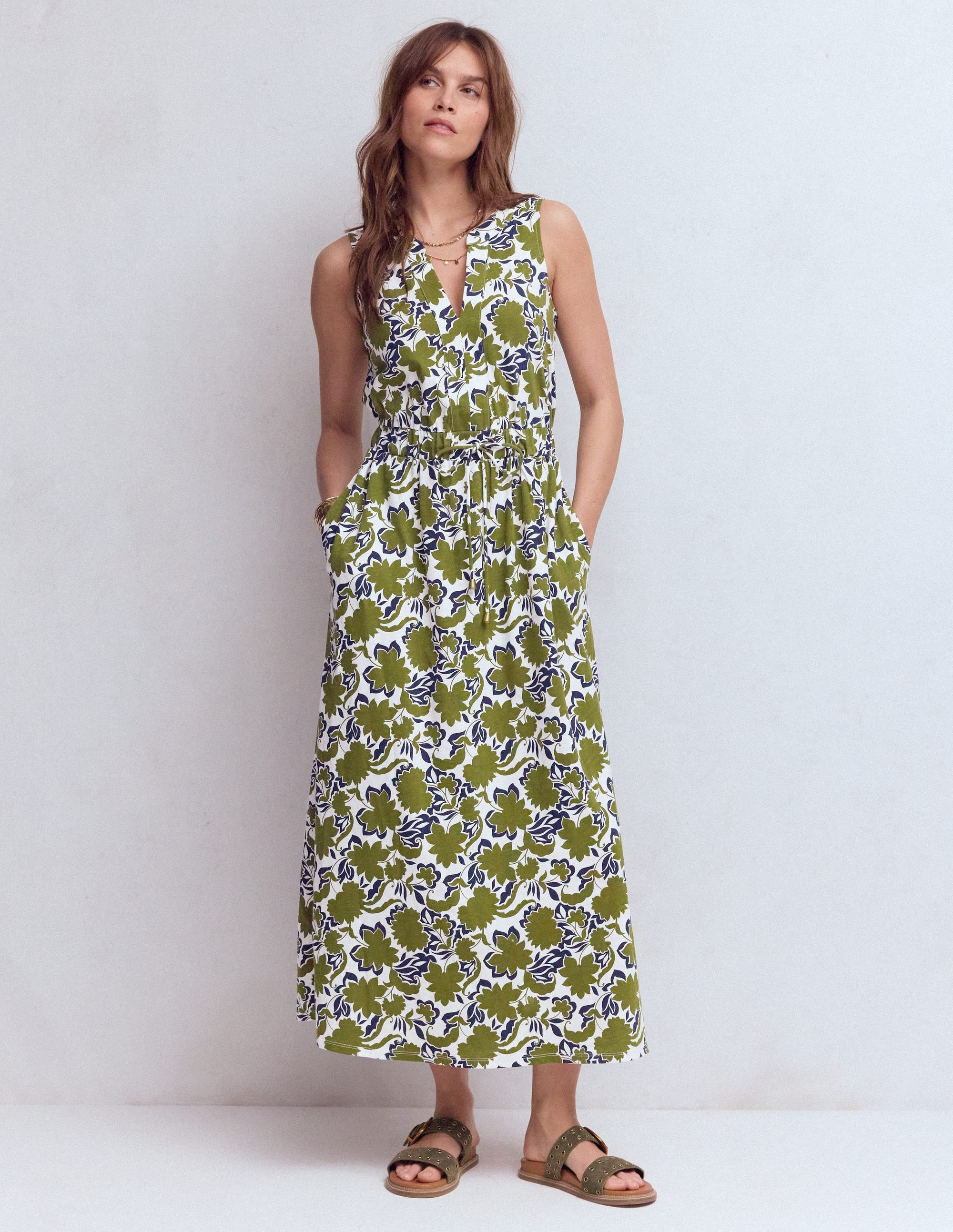 Delphine Midi Sleeveless Dress-Olive, Shadow Blossom | Boden (US)