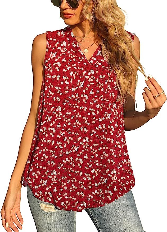 QUEZHU Womens Summer Sleeveless Chiffon Tank Tops Blouse Loose Casual V Neck Blouses Shirt | Amazon (US)