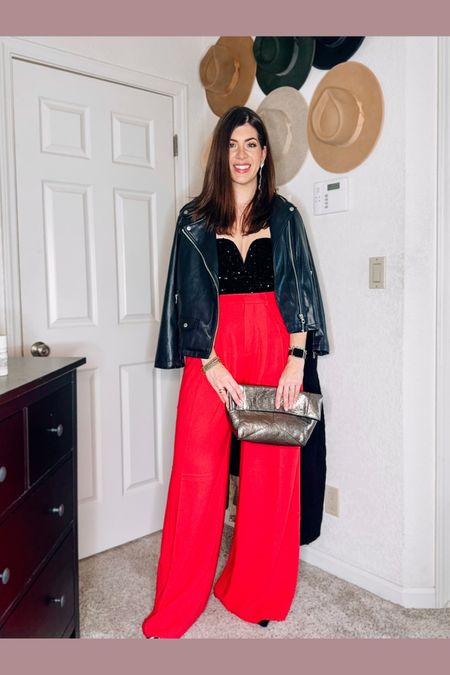 Midsize holiday outfit
Sequin top-medium (very stretchy)
Wide leg red pants-8 tall (omg the length)
Faux leather moto-small
Shoes-tts 

#LTKmidsize #LTKHoliday #LTKstyletip
