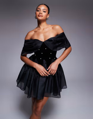 ASOS LUXE off the shoulder pearl embellished velvet mini dress with organza in black | ASOS (Global)