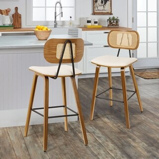 27" Counter Height Bar Stools with Rattan Back and Walnut Wood Frame | Bed Bath & Beyond