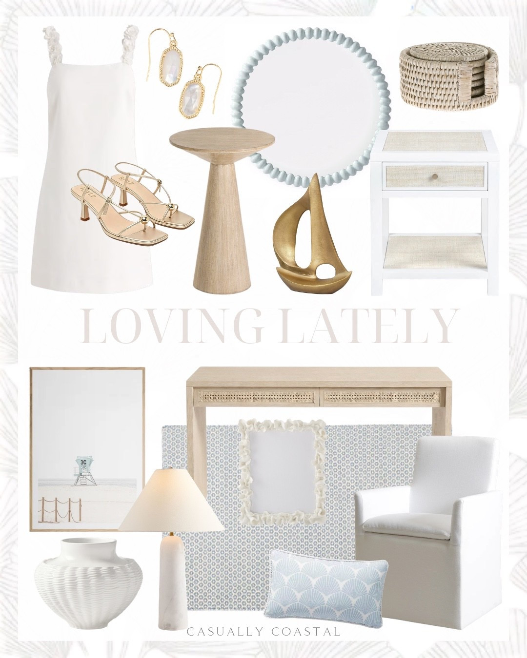 Loving Lately

Coastal home decor, coastal style, coastal decor, coastal rug, coastal wall art, coastal lamp, coastal pillow, coastal mirror, coastal side table, coastal dress, cane console desk, cream flower strap mini dress, white mini dress, Kendra Scott drop earrings, strappy heels, gold heels, Etsy wall art, lifeguard tower art, coastal art, white dining armchair, upholstered dining armchair, wayfair rug, blue rug, handwoven wool rug, marble table lamp, round mirror, Serena & lily mirror, coastal picture frame, coral picture frame, white ceramic basket weave vase, solid wood end table, coastal blue pillow cover, Serena & lily pillow covers, square solid wood end table, raffia end table, wayfair end table, coastal coaster set, metal sailboat sculpture

#LTKHome