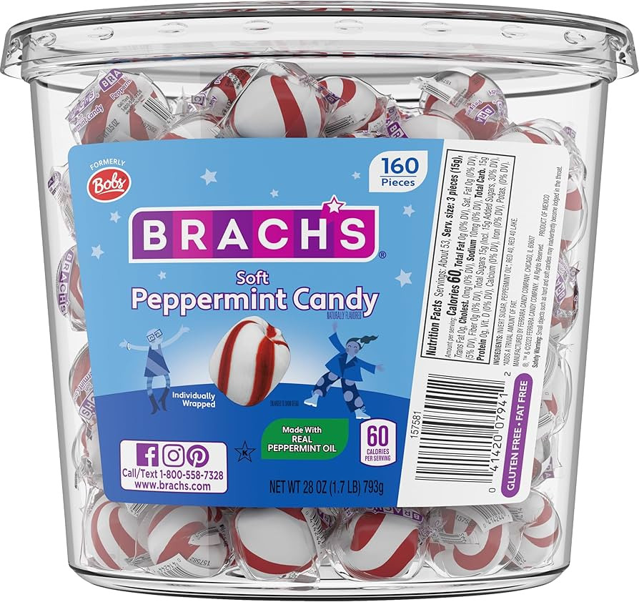 Brach's Bobs Sweet Stripes Soft Peppermint Candy, 160 Individually-Wrapped Pieces, 28 Ounce Jar | Amazon (US)