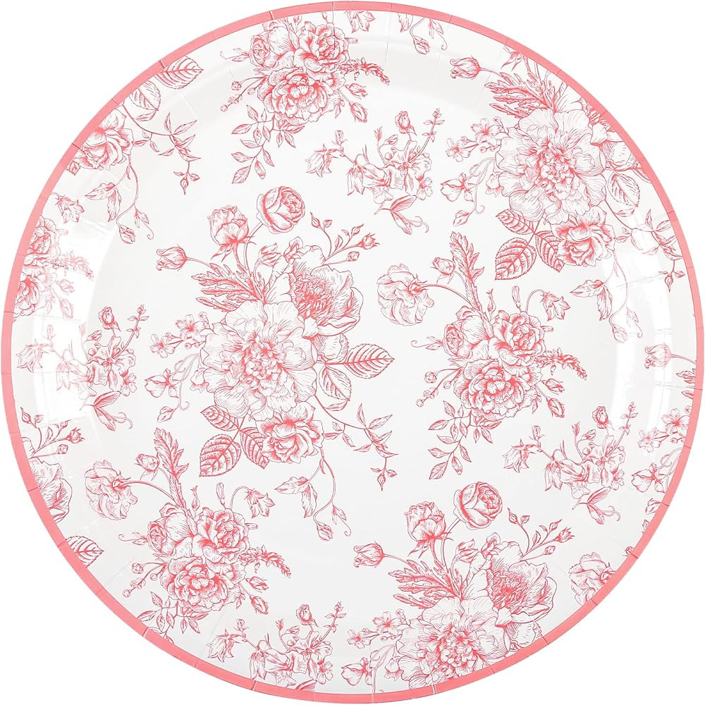 Floral Party Plates Pink & White Disposable Paper Plates Wildflower Pink Toile 9" Round Dinner Pl... | Amazon (US)