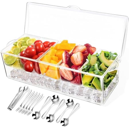 Large Ice Chilled Condiment Caddy，Chilled Condiment Containers Server with Lids for 5 Removable Compartments (2.5 cup)，Serving Platters, Fruit & Garnish Tray for Party Supplies & Bar Accessories | Amazon (US)