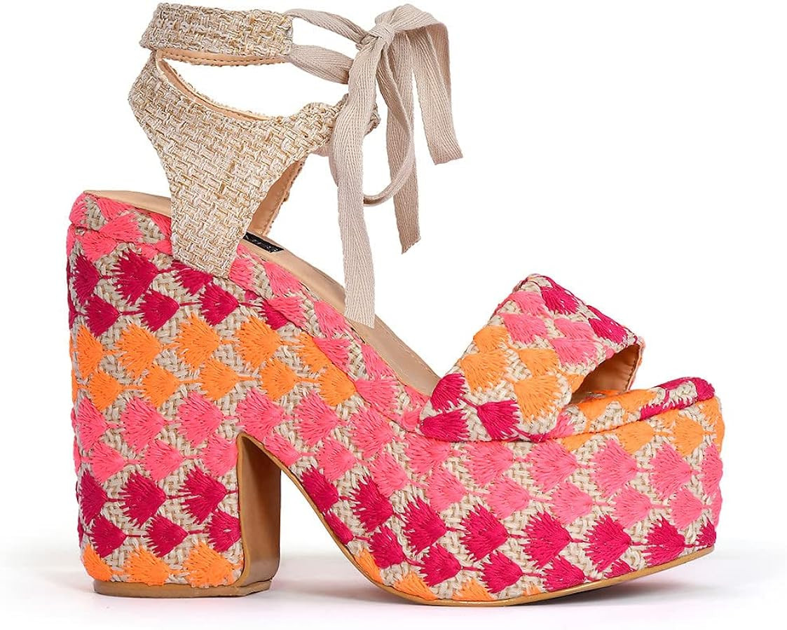 Sábates Alondra embroidered platform sandal for Women with lace-up front closure. Colors: Pink, ... | Amazon (US)