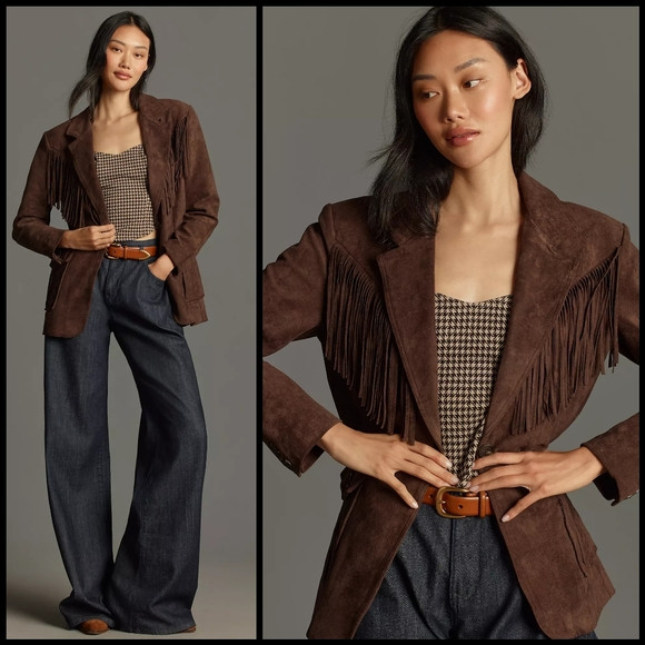 NWT Anthropologie Blank NYC Faux Suede Fringe Blazer Jacket in Chocolate Brown | Poshmark