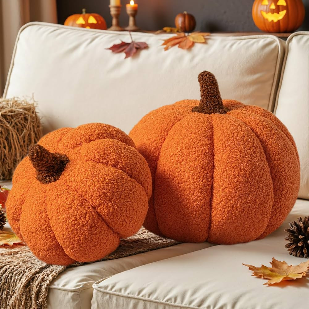 Lanpn Fall Pumpkin Pillows Set of 2, Halloween Decoration Plush Throw Pillows Soft Fleece Sherpa ... | Amazon (US)