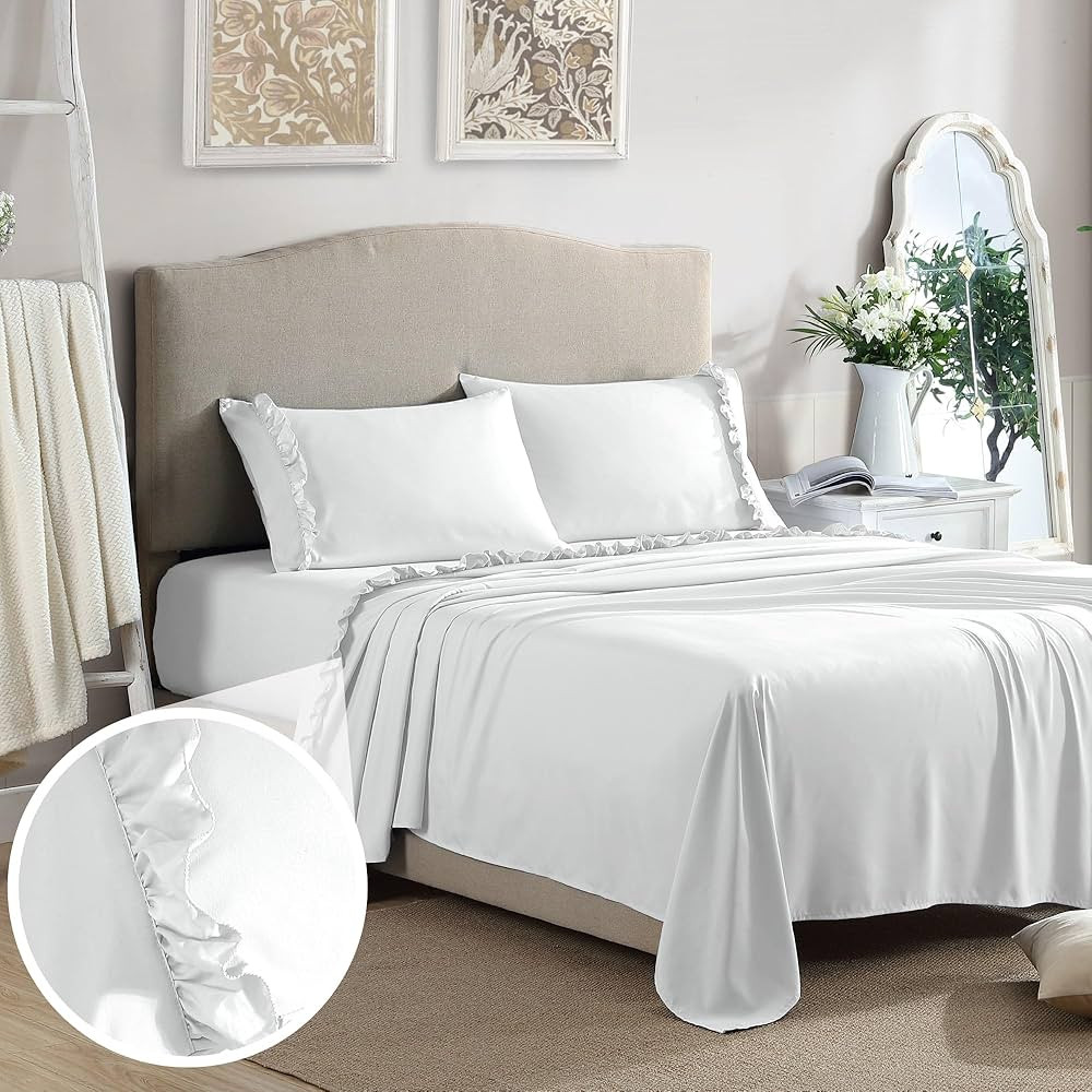 Swift Home Ultra-Soft Elegant 2-inch Ruffled Hem Design on Flat Sheet and Pillowcases, Wrinkle Re... | Amazon (US)