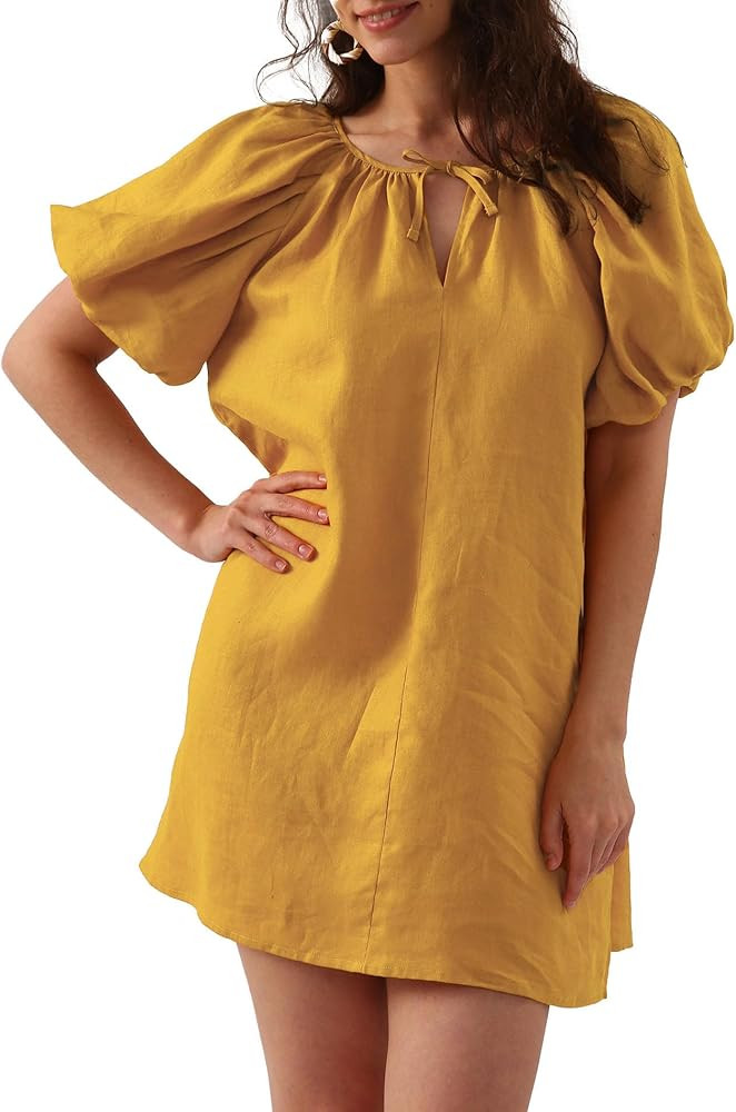 Amazhiyu Women’s Pure Linen Summer Puff Sleeve V Neck Mini Dress with Belt | Amazon (US)
