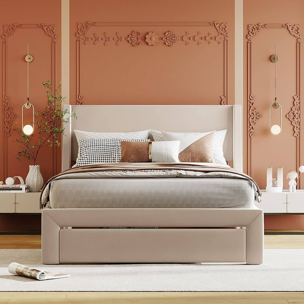 Full Size Platform Bed with a Big Drawer for Bedroom, Velvet Upholstered Storage Bed, No Box Spri... | Amazon (US)