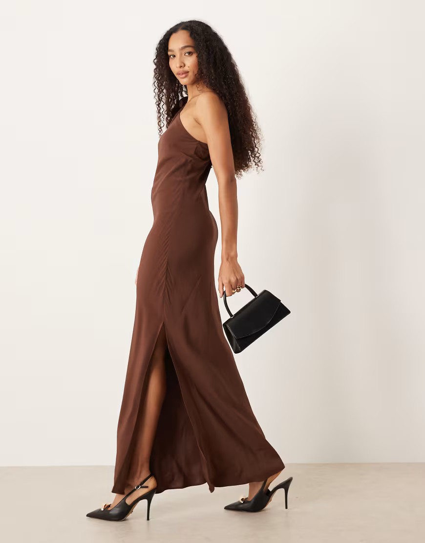 Mango one shoulder maxi dress in chocolate-Orange | ASOS (Global)