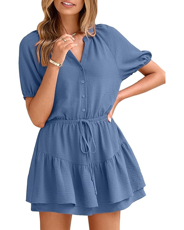 Simplee Womens Cute Summer Rompers - Casual V Neck Short Sleeve Ruffle Boho Romper Dresses Beach ... | Amazon (US)