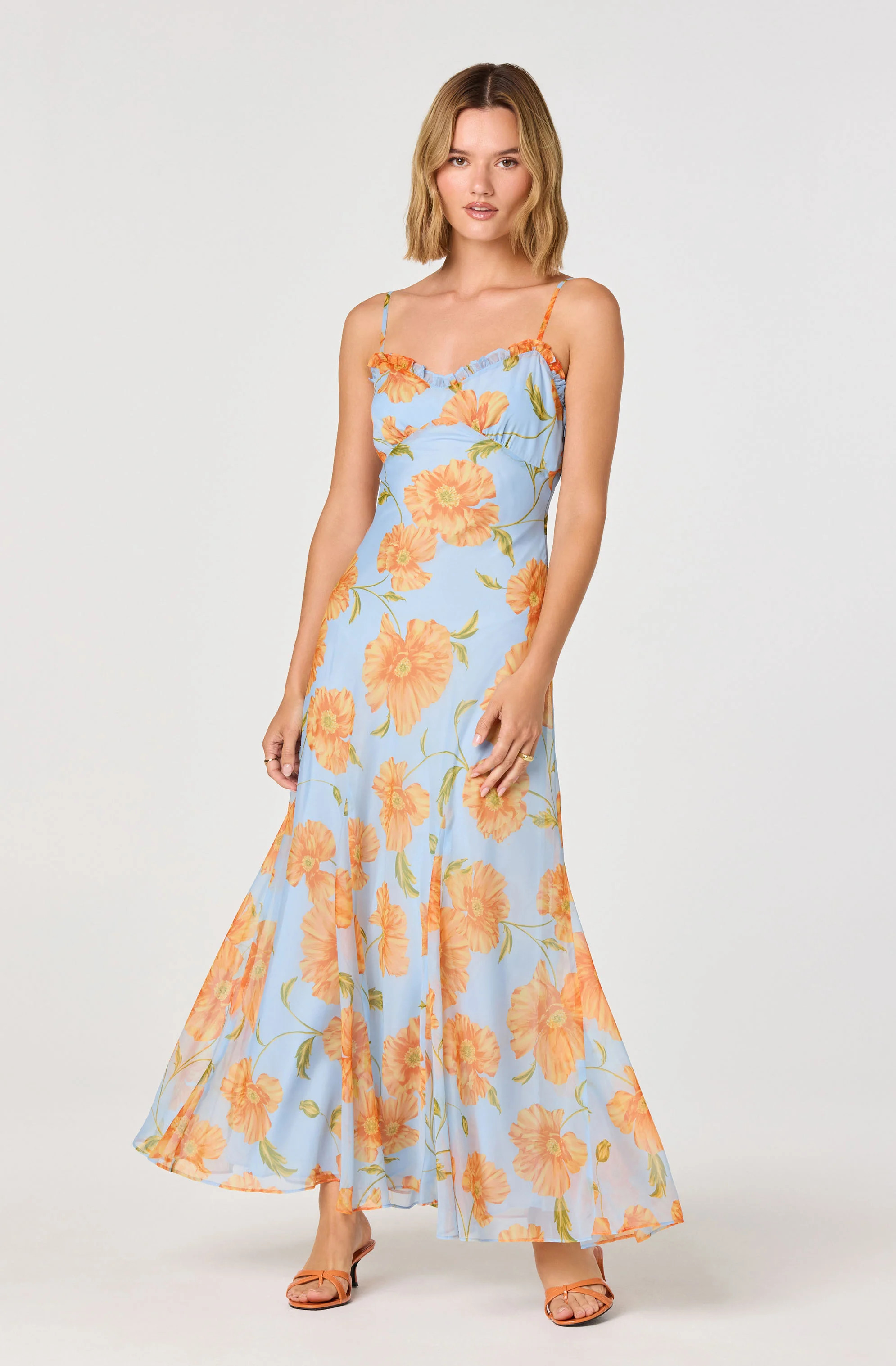 Maeryn Plaid Ruffle Trim Maxi Dress - Blue orange floral / XS | ASTR The Label (US)