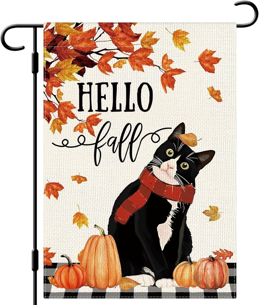 DLZDN Hello Fall Cat Garden Flag Thanksgiving Garden Flag Autumn Pumpkin Maple Leaves Yard Flag 1... | Amazon (US)