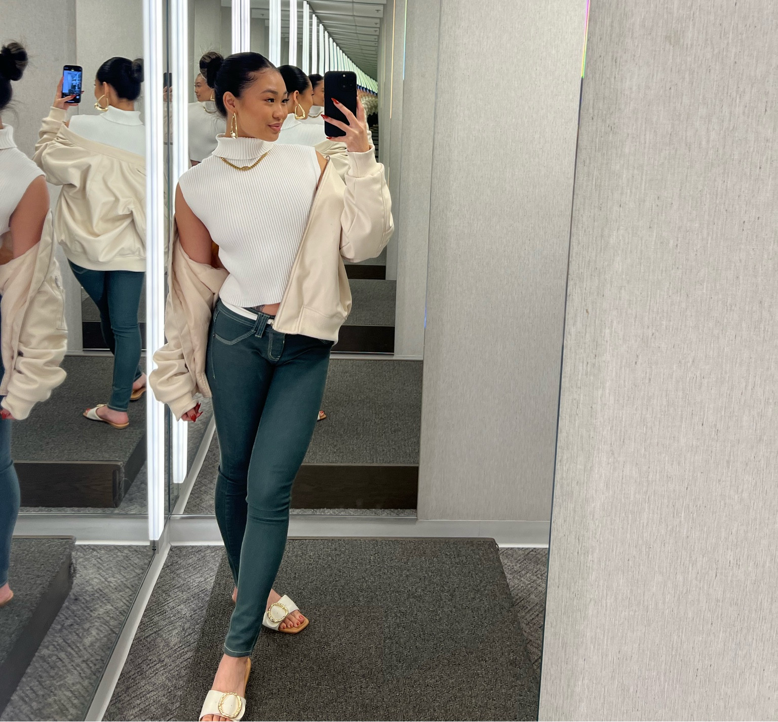 My jeans are super old from 90s so no link:( my h&m jacket is gone but I linked the EXACT style except it has wool like fur on outside. Mine is a faux leather 