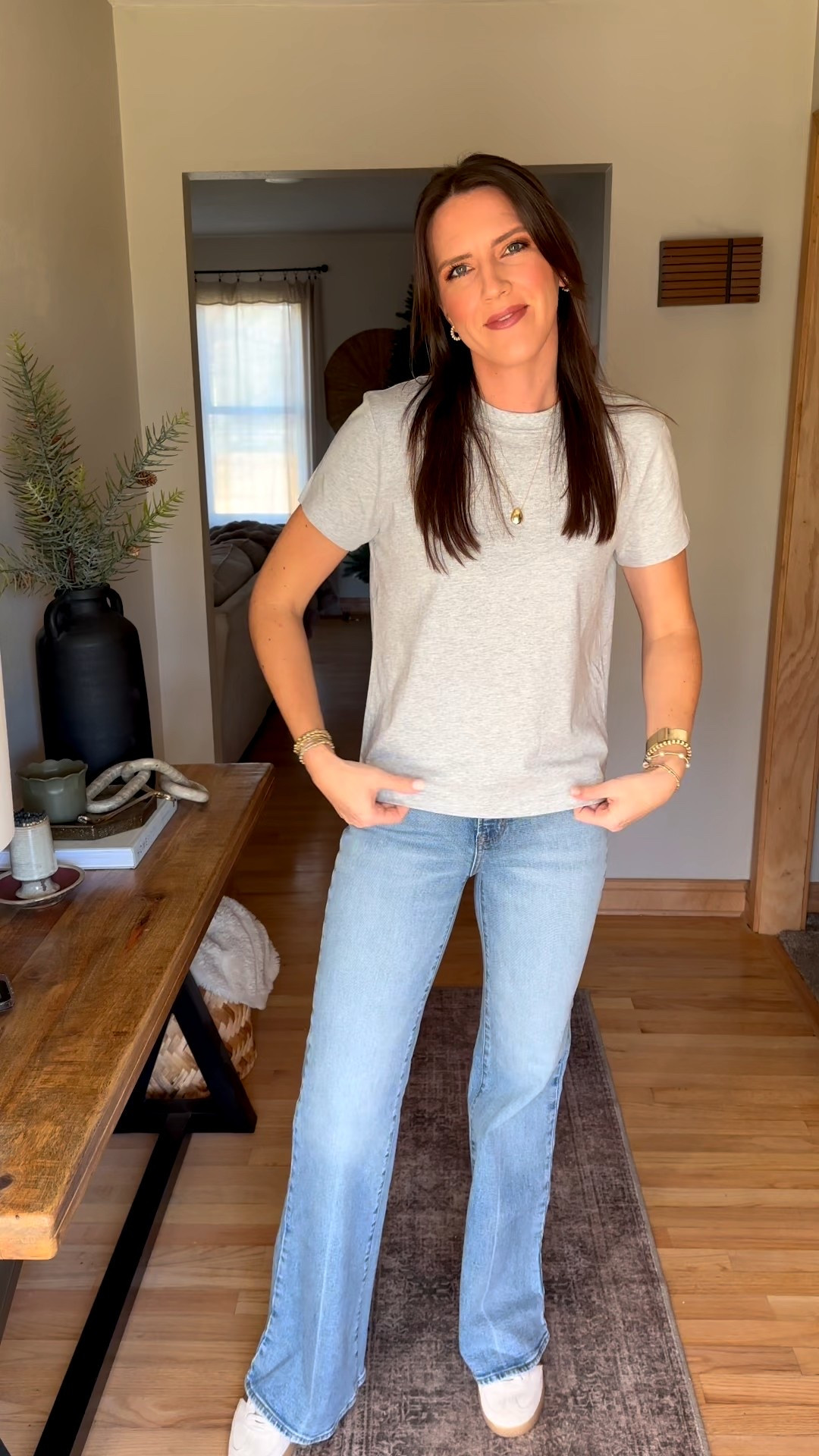 The best $12 100% cotton tee! Wearing a small. Size up in the jeans. They run small. 