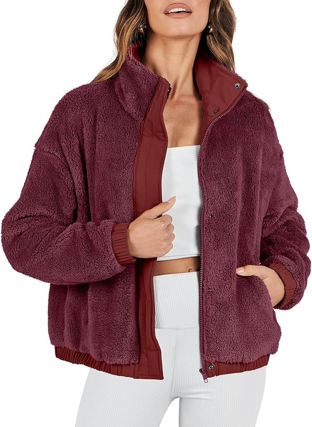 ANRABESS Womens Fleece Jacket Casual Long Sleeve Cropped Sherpa Button Down Fuzzy Warm Coats Fall... | Amazon (US)