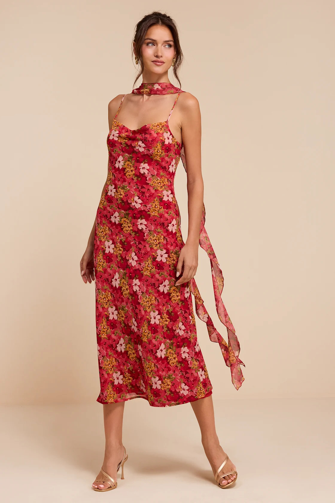 Rosetta Red Multi Floral Midi Dress and Scarf Set | Lulus