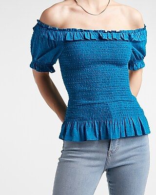 Smocked Swiss Dot Puff Sleeve Off The Shoulder Top | Express