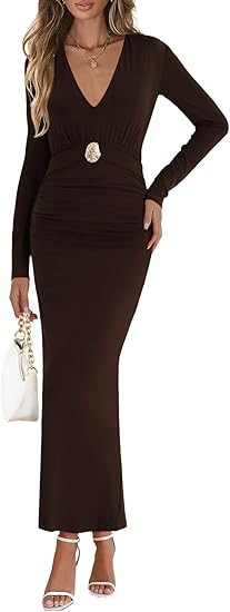 Lazysmile Bodycon Maxi Dresses for Women Long Sleeve V Neck Ruched Waist Elegant Formal Wedding G... | Amazon (US)